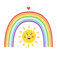 Obraz premium Cute smiling sun under rainbow with small heart. Summer poster for kids room, educational element. Colorful vector illustration isolated on white background.