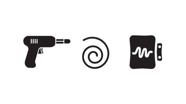 Black icons of drill, spiral, and audio waveform on white