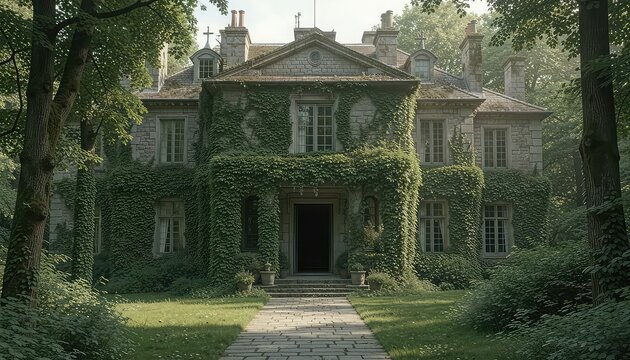 A large, old stone house covered in green ivy with a stone pathway leading to the front door, surrounded by trees and bushes in a serene natural setting.