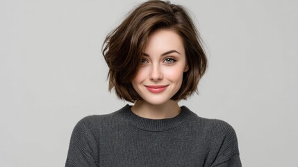 Obraz premium Smiling young woman with short hair wearing a cozy sweater in a neutral background, exuding warmth and confidence with a charming expression