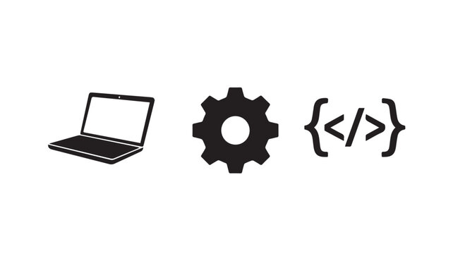 Coding and development concept with laptop gear and code symbols