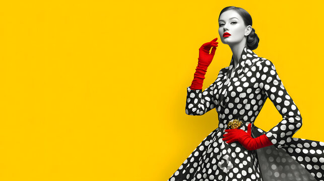 Retro vintage fashion model woman in black white polka dot dress red glove yellow background