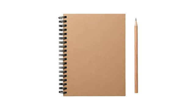 Spiral-bound notebook with a wooden cover and a pencil on a plain surface isolated on white background
