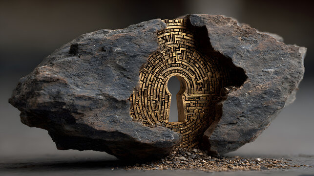 Stone carved with keyhole opening and golden labyrinth maze pattern archaeological artifact