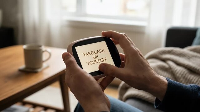 Person holding reminder device with positive affirmation about self-care in cozy home setting; encouraging mental health in modern life