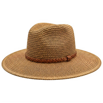 Straw woven sun hat with wide brim for outdoor protection isolated on transparent background