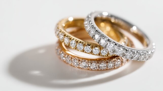 Diamond eternity rings on a white background: overlapping gold and platinum bands with pav&Atilde;&copy; diamonds