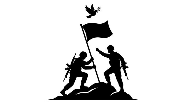Memorial Day vector silhouette of soldiers raising a flag with a flying peace dove isolated on white