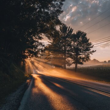 Dramatic light on a country lane: beams of sunlight breaking through clouds