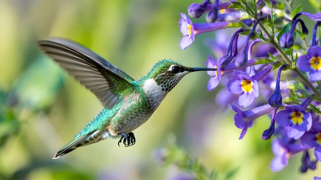 Green hummingbird drinking nectar from purple flowers. Wildlife photography and garden nature concept. Small bird hovering in midair while feeding on a blossom
