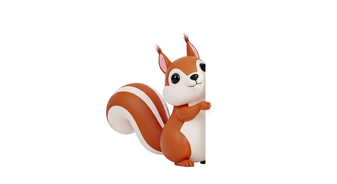 Cute 3D cartoon squirrel peeking around a white board