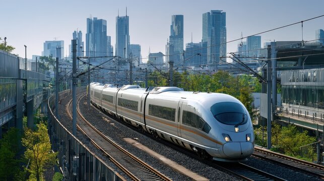 Dynamic side view of a fast rail vehicle slicing through a cityscape