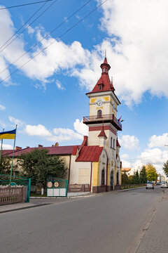 Rava-Ruska Town Hall with clock tower in Lviv region, Ukraine