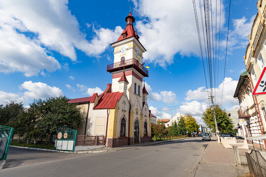 Rava-Ruska Town Hall with clock tower in Lviv region, Ukraine