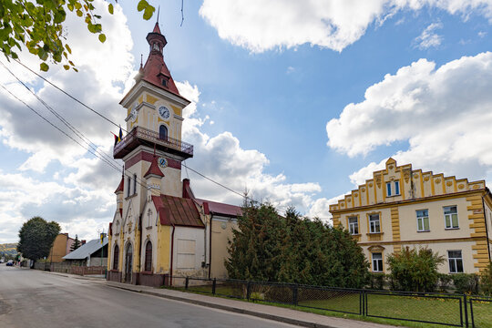 Rava-Ruska Town Hall with clock tower in Lviv region, Ukraine