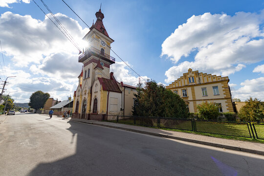 Rava-Ruska Town Hall with clock tower in Lviv region, Ukraine