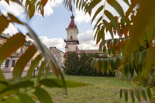 Rava-Ruska Town Hall with clock tower in Lviv region, Ukraine
