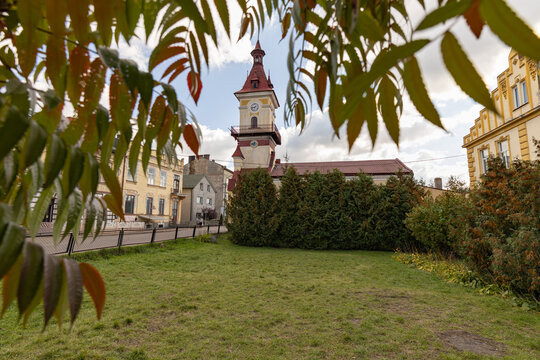 Rava-Ruska Town Hall with clock tower in Lviv region, Ukraine