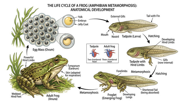 Anatomical Illustration of the Frog Life Cycle Showing Egg Mass, Embryo Development, Hatching Tadpoles with External and Internal Gills, Growing Tadpoles with Limbs, Metamorphosis, and Adult Frog, Hig