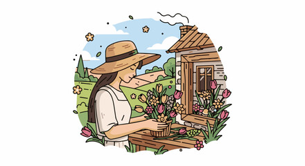 Obraz premium Woman in straw hat arranging flowers next to a rustic cottage and garden