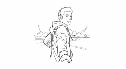 Obraz premium Young man in headphones, walking in a park, looking back