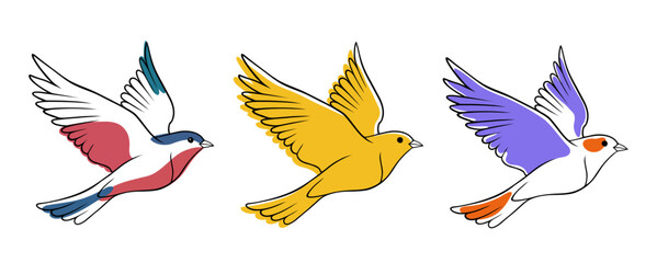 Obraz premium Three colorful stylized birds flying. Set of bird illustrations isolated on white background. Graphic design element for nature theme, charities, support, peace and care.
