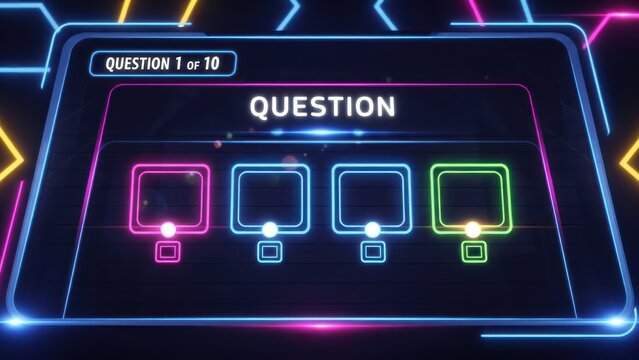 Interactive digital quiz display with multiple choice answers in vibrant neon colors