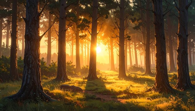 A serene forest at sunrise with warm sunlight filtering through trees