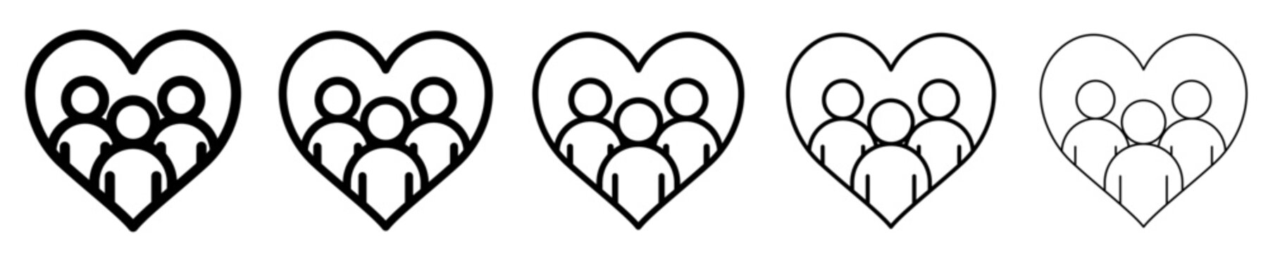 Set of linear icons of three people inside a heart with different stroke weights. Symbols of family values, community support, unity, and love. Vector illustration.