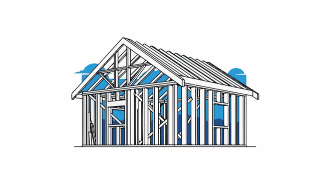 Wireframe house structure with blue sky details