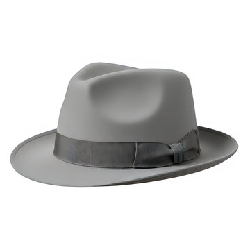 Elegant gray fedora hat with decorative band and pin isolated on transparent background