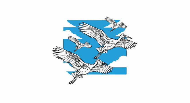 Whimsical robotic birds soar across a bright blue sky backdrop