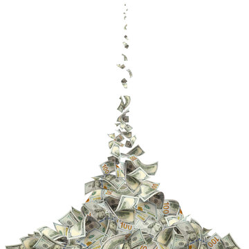Falling hundred dollar banknotes, isolated on transparent cutout background
