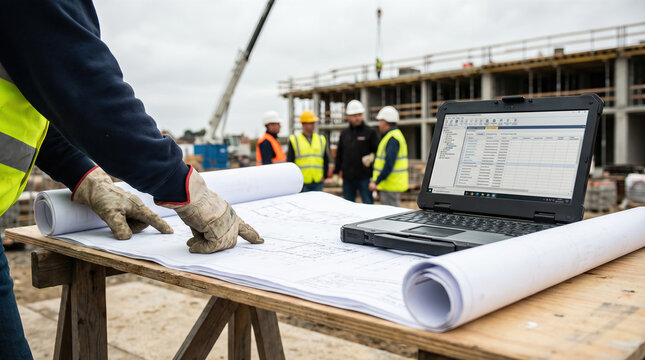 Construction site management concept engineer hands pointing blueprint working rugged laptop software builders team background industrial planning architecture project teamwork technology