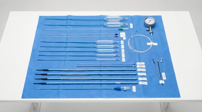 Medical devices on blue sterile cloth including balloons catheters and pressure gauge