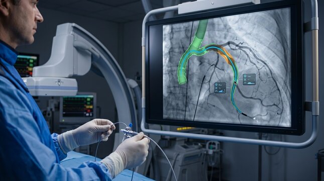Surgeon viewing 3D angiogram of a human heart with medical instruments in sterile operating room