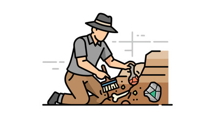 Cartoon archaeologist carefully brushing soil from fossils in excavation site with layers of earth in bright vector style © Undangan