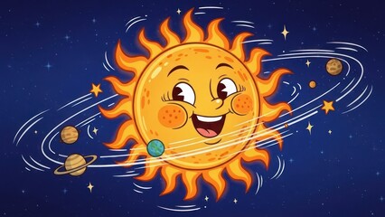 Fototapeta premium Whimsical sun illustration amidst planets and stars, capturing cosmic charm and wonder