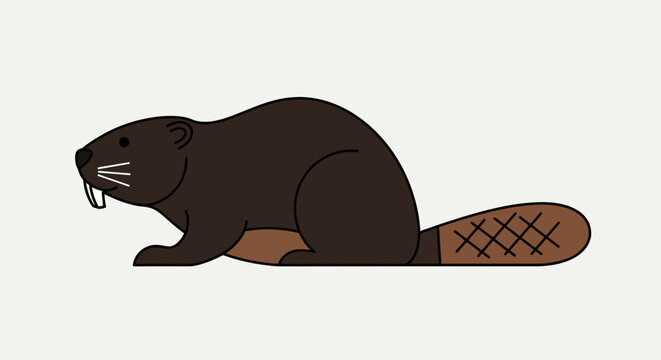 Cartoon beaver illustration in brown and tan with detailed tail; stylized beaver with flat design and clean outlines on a light background