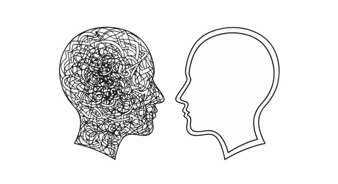 Two profiles, one filled with tangled lines, the other empty