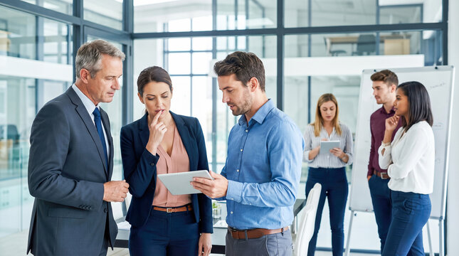 diverse corporate team discussing project strategy looking digital tablet modern open office confident boss listening employees sharing ideas teamwork management