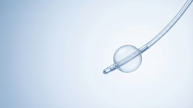 Clear translucent urinary catheter with an inflatable balloon and a soft rounded tip on a light blue gradient background