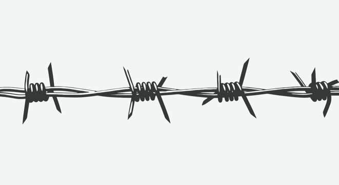 Barbed wire security fencing with sharp spikes and coils in a repeating pattern; illustration of a dangerous boundary line for protection