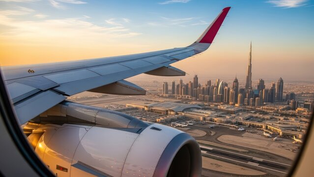 Aerial vista of Dubai's skyline captured from an airplane window during golden hour