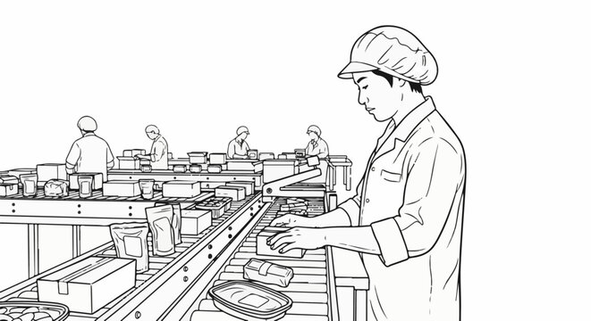 Workers in protective gear sort and package goods on an automated assembly line