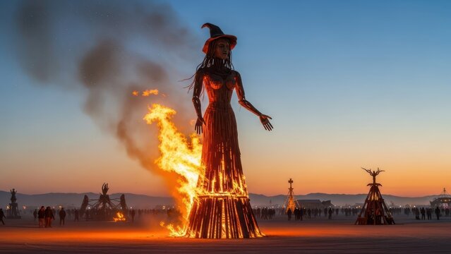 Burning effigy sculpture at twilight, evokes fiery celebration of artistic expression and