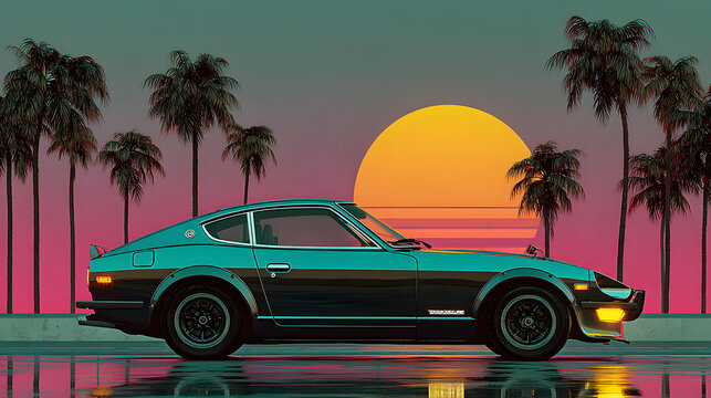 Retro Teal Sports Car Palm Tree Sunset Synthwave Aesthetic Night Drive Neon Glow Illustration
