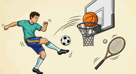 Cartoon of a soccer player kicking a soccer ball near a basketball hoop tennis racket and tennis ball in a colorful illustration © Undangan