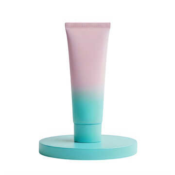 Pink and teal cylindrical container with stand isolated on transparent background