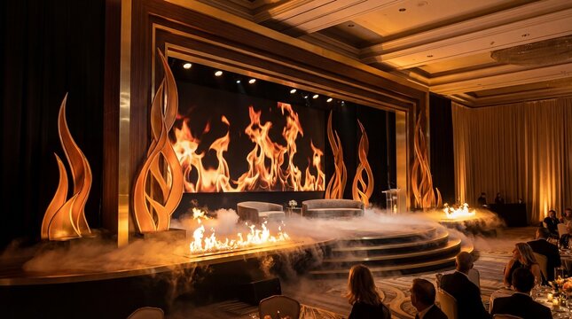 Stage pyrotechnic show with orange flames concept. A stunning stage design featuring flame motifs and dramatic lighting.